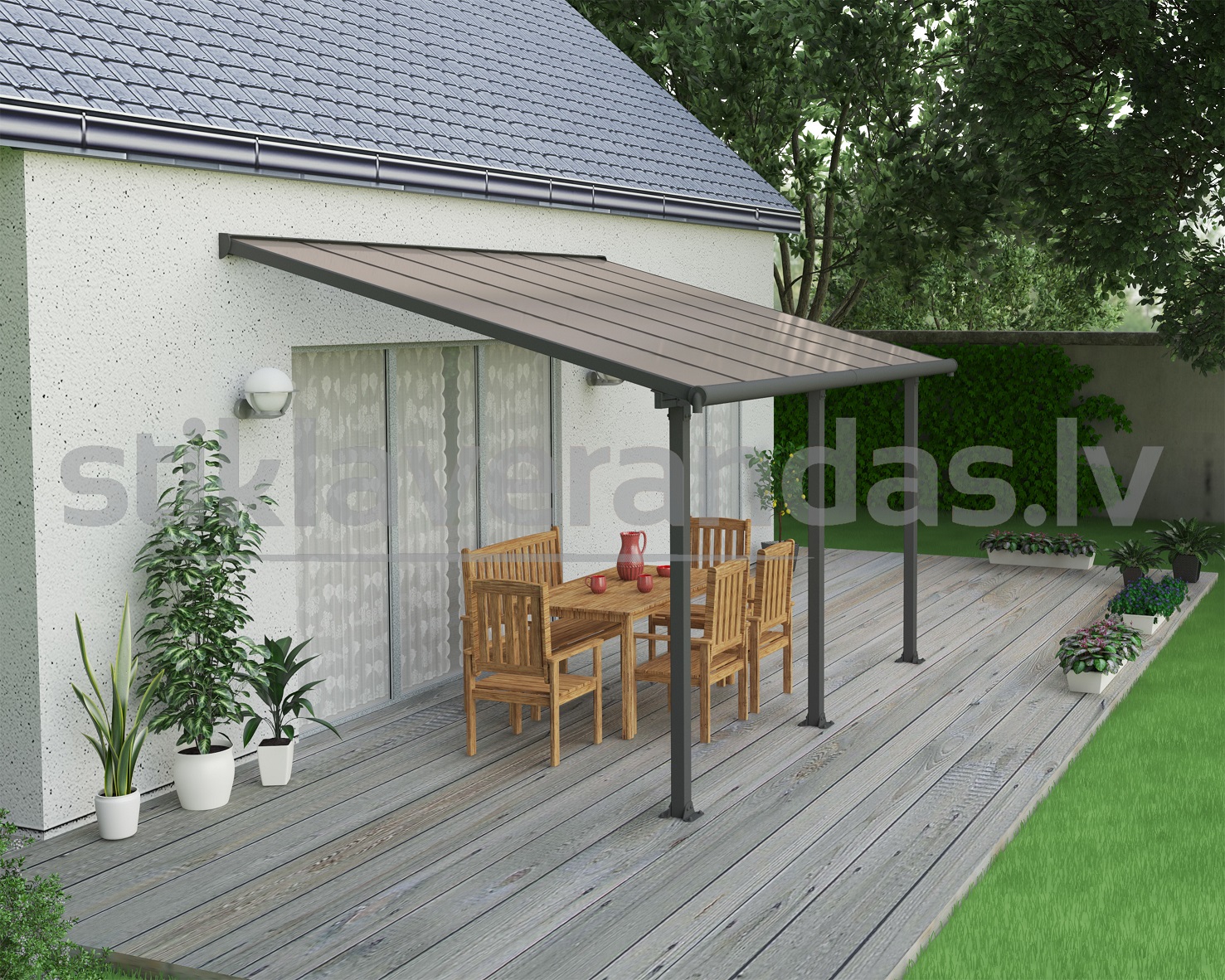 stikla verandas aluminija nojume polikarbonata jumts ieva 3.0 x 4.2