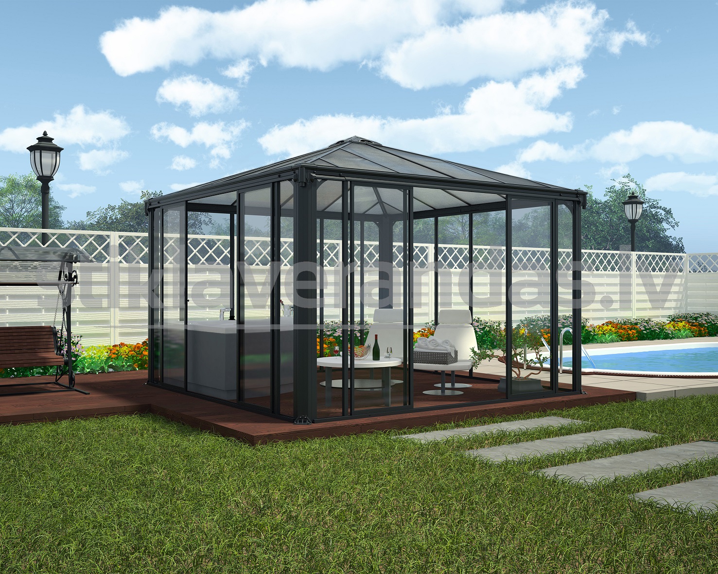 stikla verandas aluminija paviljons polikarbonata jumts aiga 3000 1