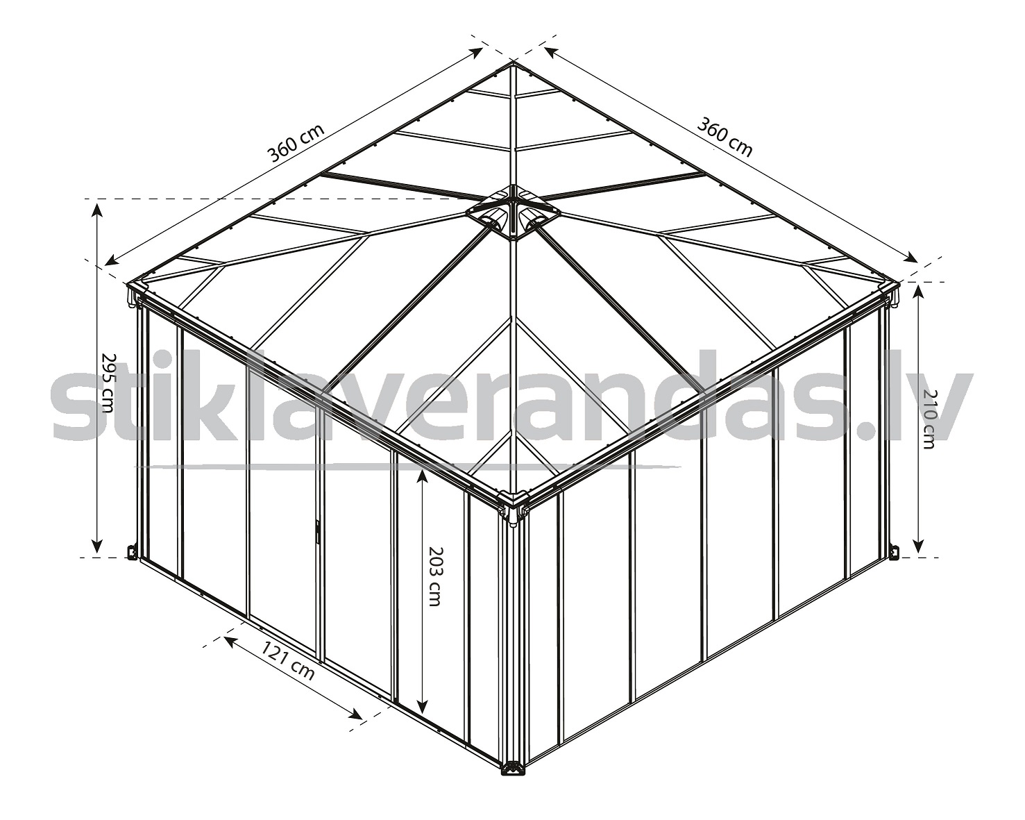 stikla verandas aluminija paviljons aiga 3600